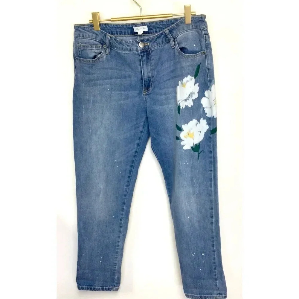 Skylar & Jade Womens Size 30 Denim Jeans Blue Paint Painted‎ Daisy's Flowers